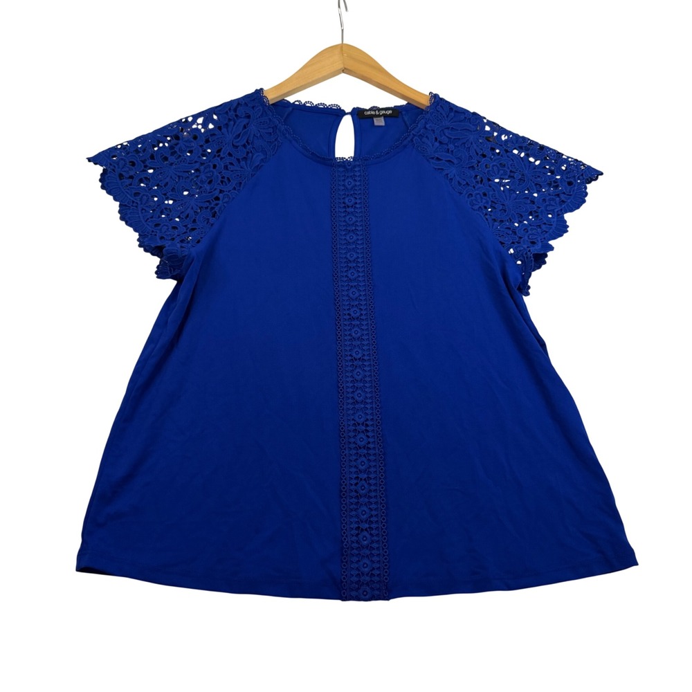 Cable & Gauge Royal Blue Crochet Lace Short Sleeve Blouse Top Medium